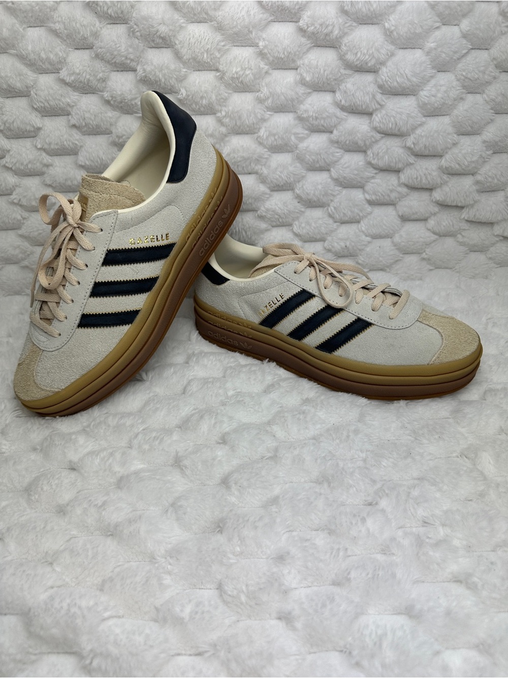 Adidas Gazelle Cream/Navy/Gold  Suede Platform Sneakers